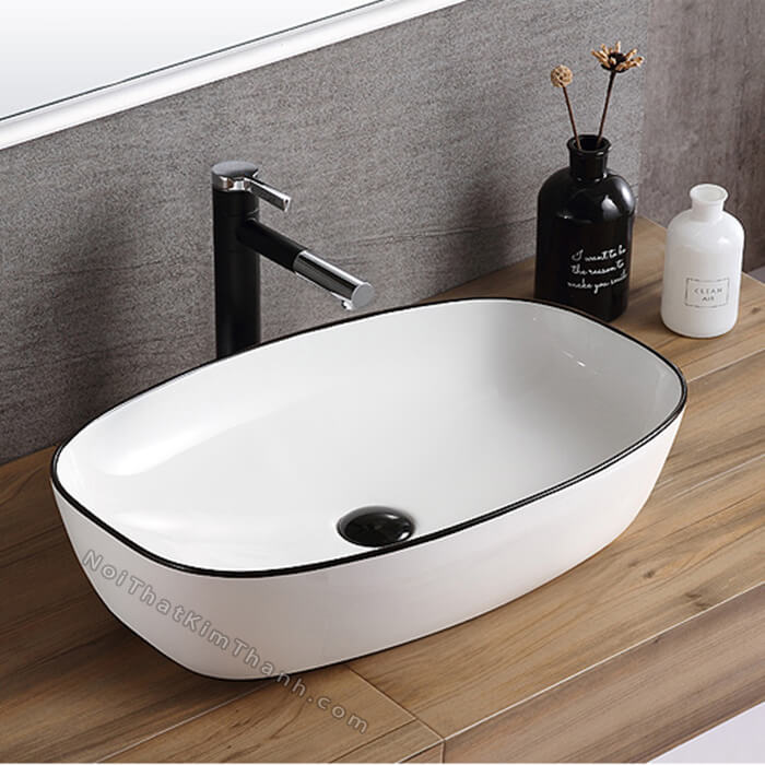 Lavabo đặt bàn màu trắng vành đen - LB44
