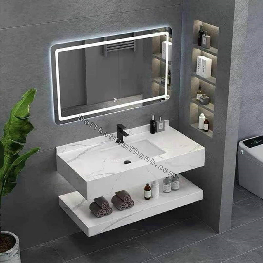 Lavabo bàn đá 2 tầng chống xước màu trắng vân mây - LB84