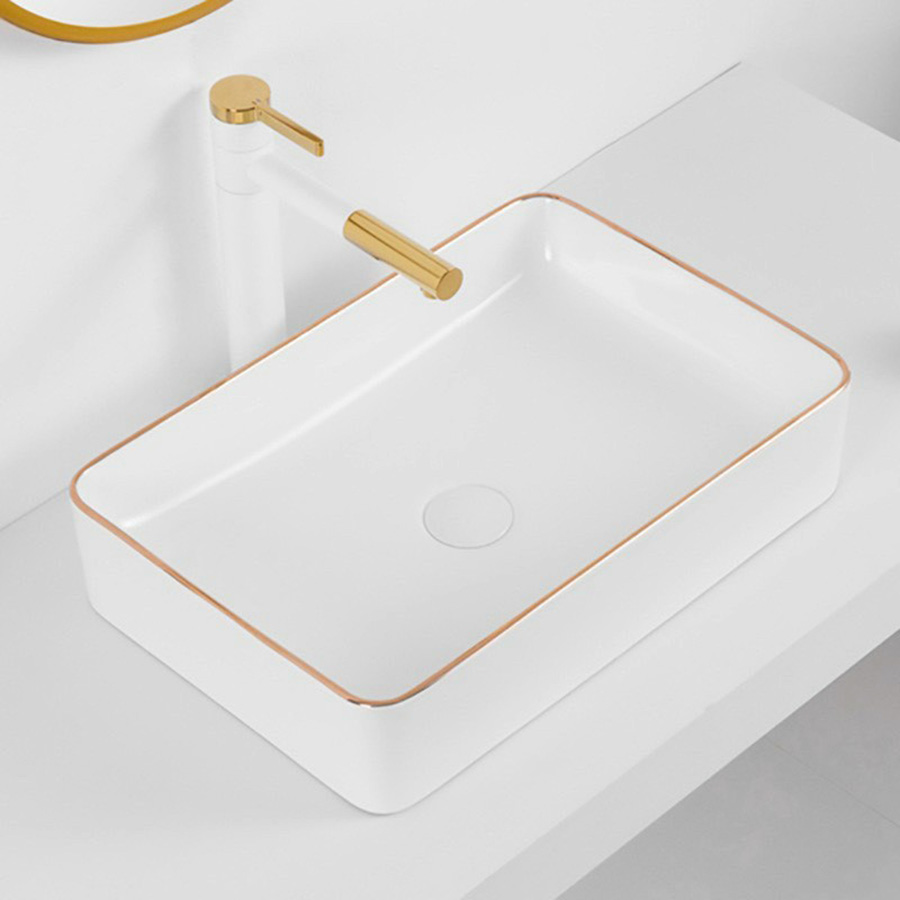 Lavabo đặt bàn chữ nhật màu trắng viền vàng - LB112
