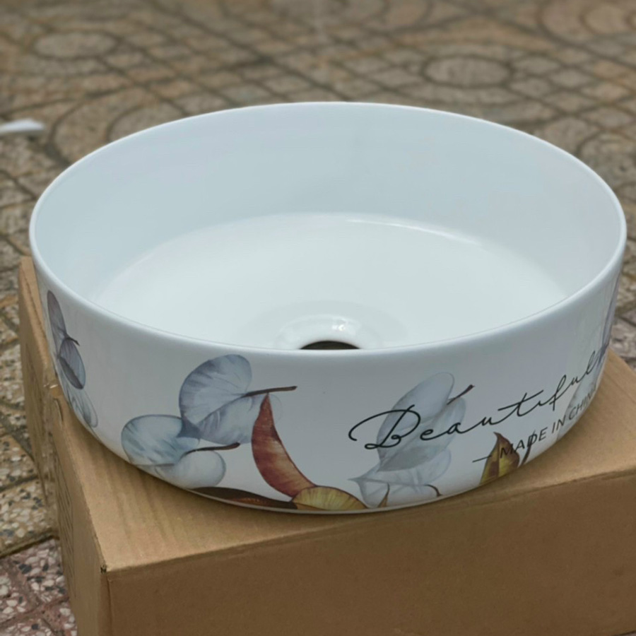 Lavabo đặt bàn hình tròn họa tiết hoa lá - LB119
