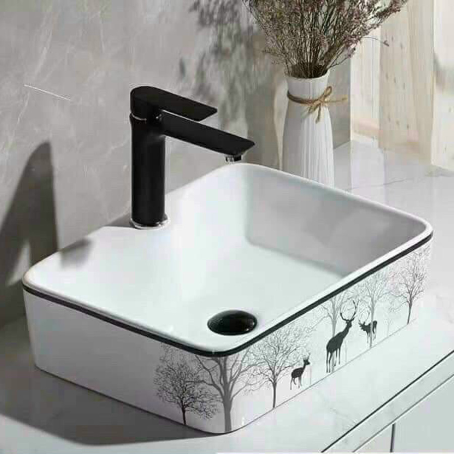 Lavabo đặt bàn vuông hoa văn hươu nai - LB122
