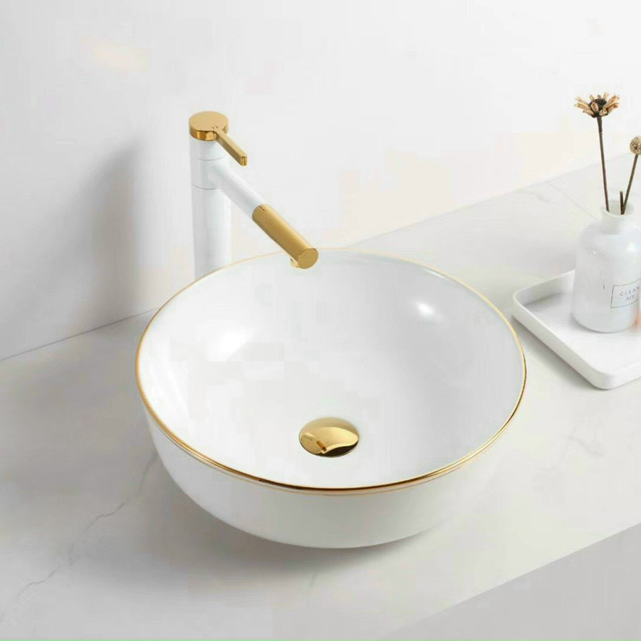 Lavabo đặt bàn hình tròn viền vàng - LB135