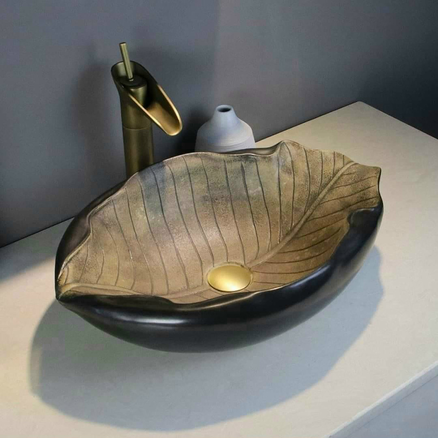 Lavabo đất nung hình chiếc lá sen nâu đen - LB141
